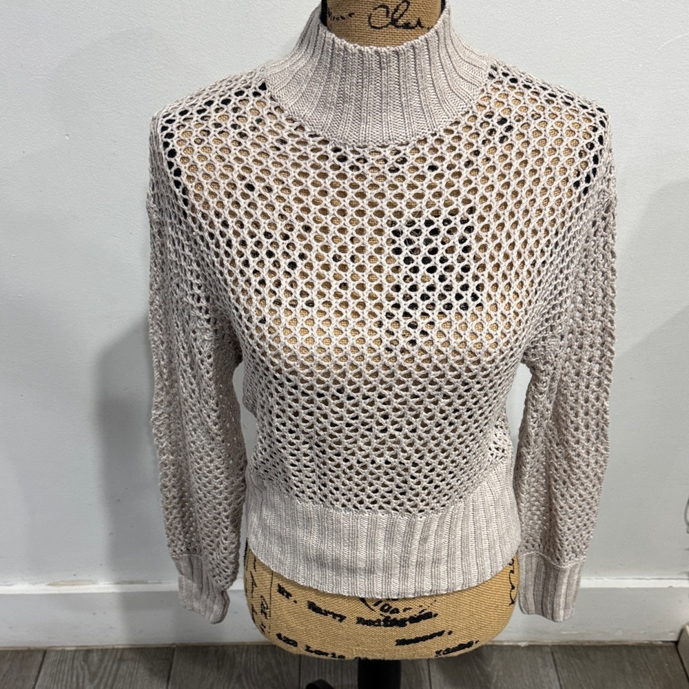 Express Beige Open-Knit Turtleneck Sweater